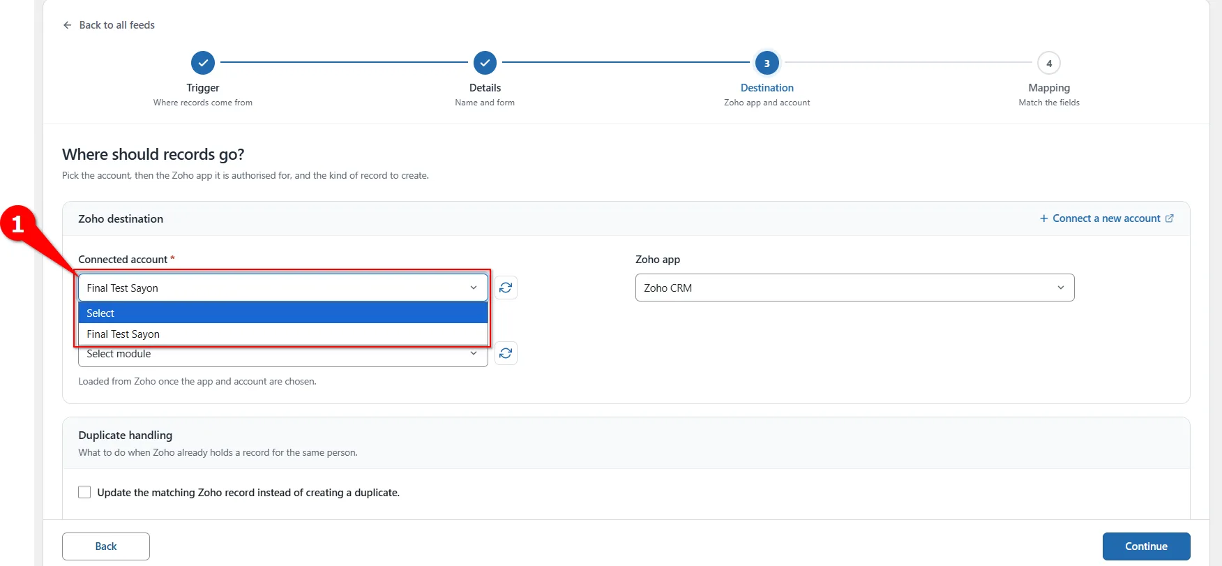 Connected account dropdown for Zoho Marketing Automation in FormBridge for Zoho