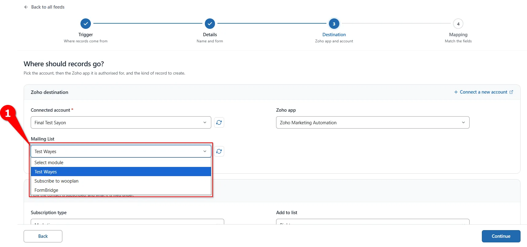 Mailing List dropdown for choosing a Zoho Marketing Automation list