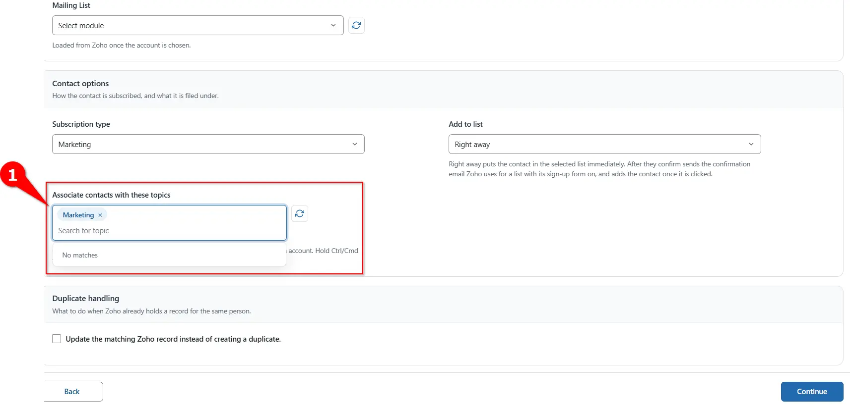Topics field for associating leads with Zoho Marketing Automation topics