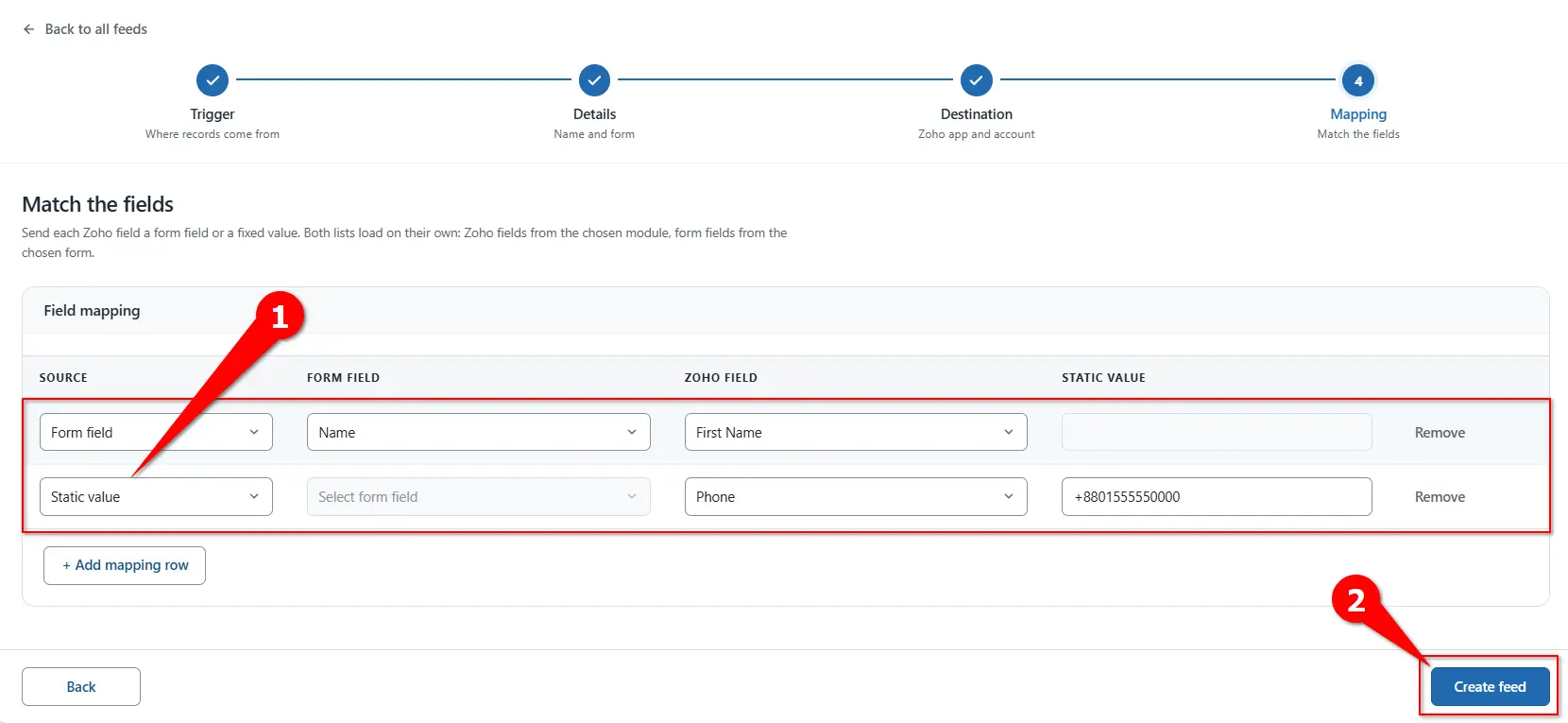 Static value mapping and Create feed button for Zoho Marketing Automation