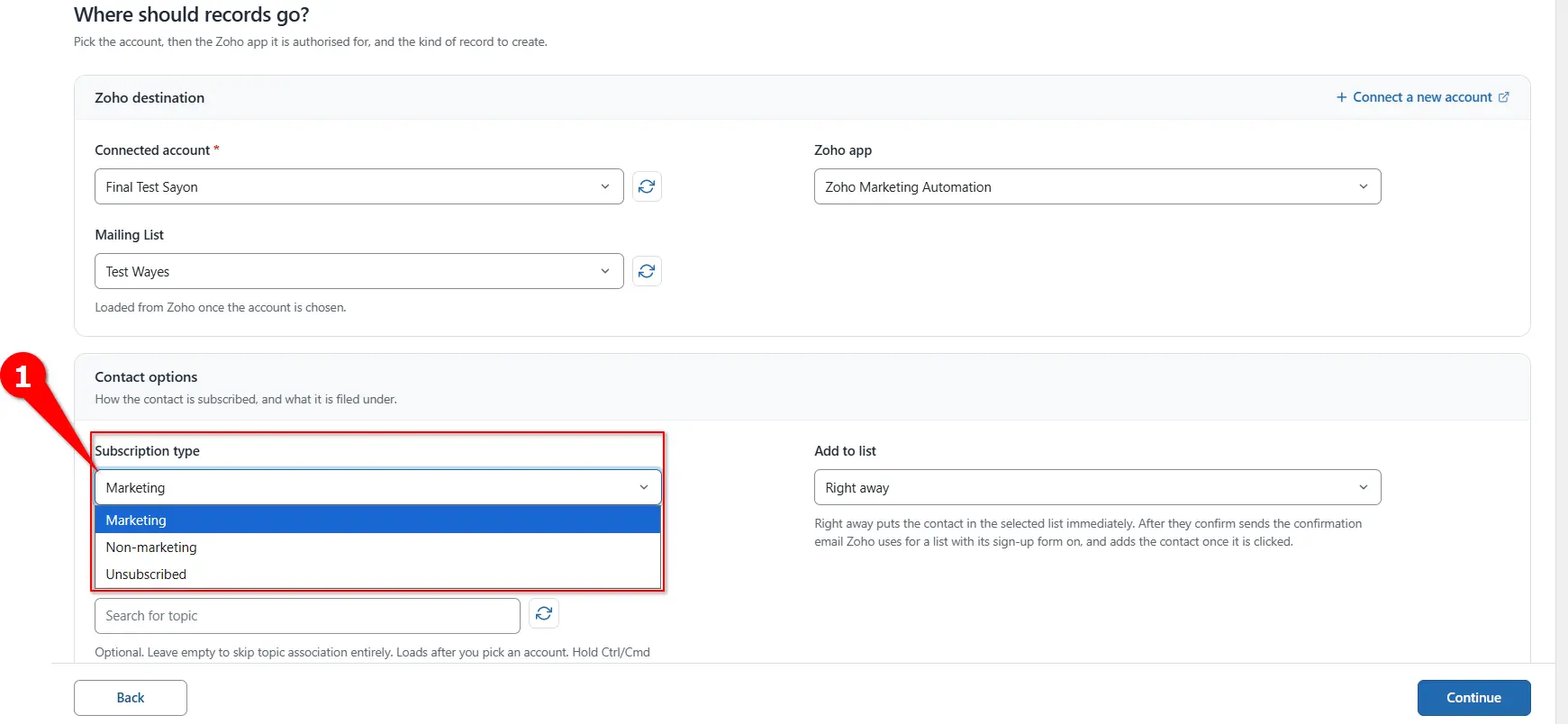 Subscription Type dropdown for new Zoho Marketing Automation leads