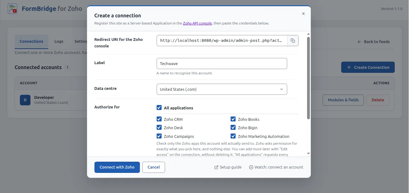 Connected Zoho account on the FormBridge Connections screen