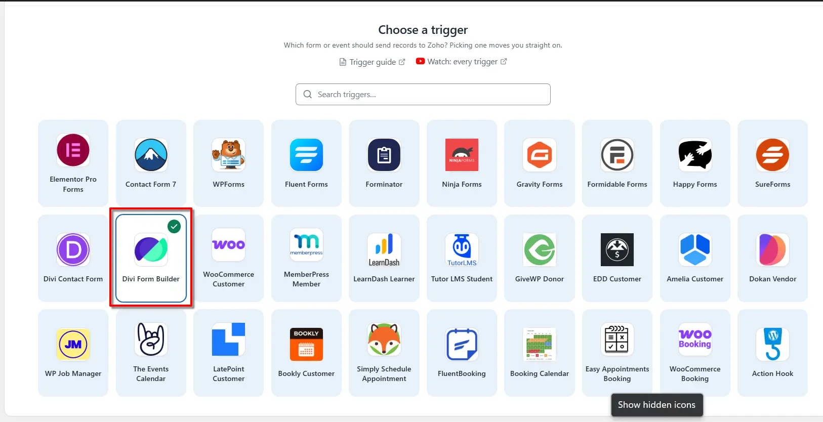 Divi Form Builder Zoho Integration: Send Form Data to Zoho 2 Divi Form Builder selected as the trigger app in FormBridge for Zoho