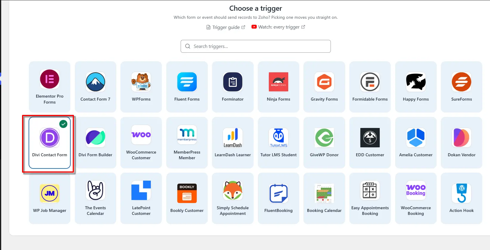 Divi Contact Form Zoho Integration: Send Form Data to Zoho 2 Divi Contact Form selected as the trigger app in FormBridge for Zoho