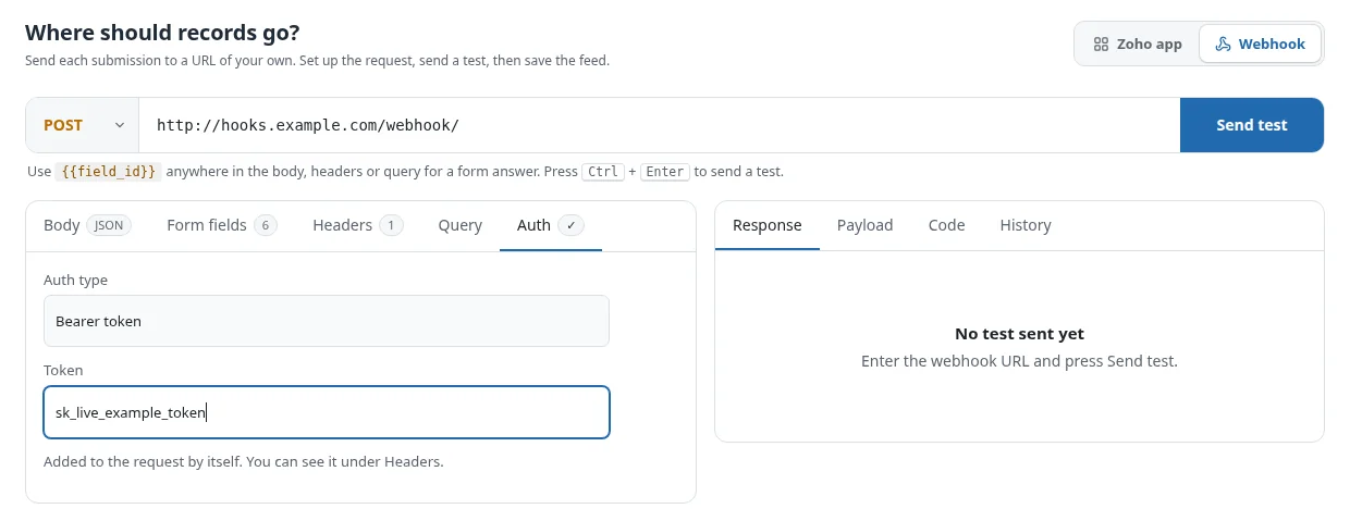 WordPress to Webhook Integration 5 Auth tab with Bearer token selected in the FormBridge webhook builder