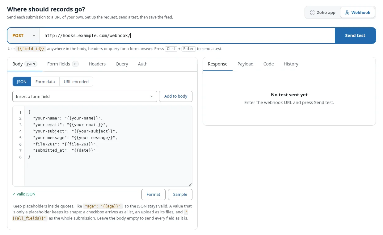 WordPress to Webhook Integration 2 JSON request body with form field placeholders in the FormBridge webhook builder