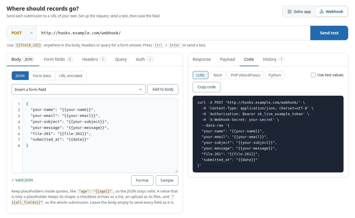 WordPress to Webhook Integration 7 Code tab showing the webhook request as a cURL command