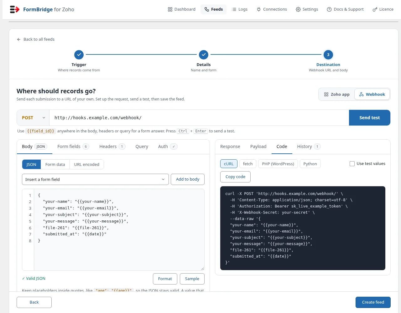 WordPress to Webhook Integration 8 Create feed button at the bottom of the webhook Destination step