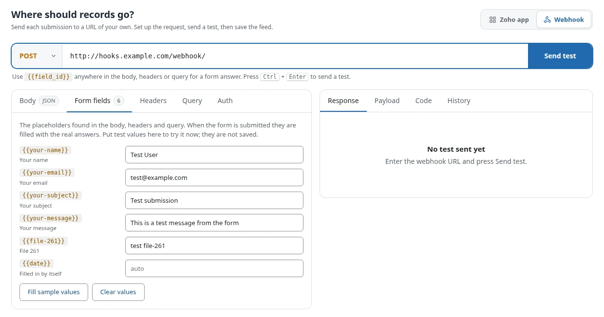 WordPress to Webhook Integration 3 Form fields tab with test values for each placeholder