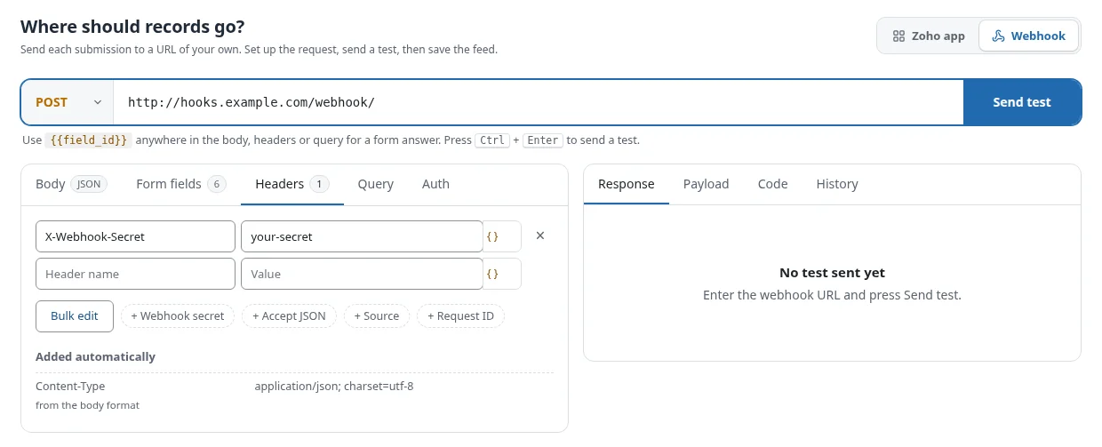 WordPress to Webhook Integration 4 Headers tab with a webhook secret header and the automatic Content-Type
