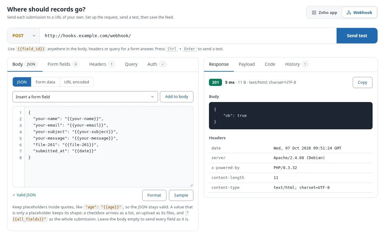 WordPress to Webhook Integration 6 Response tab showing a 201 answer from the webhook after Send test