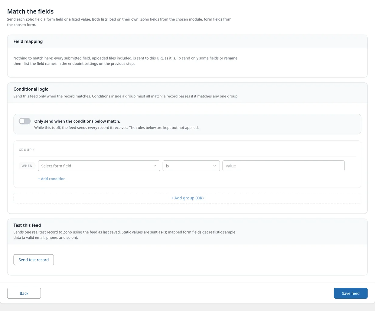 Mapping step of a Zoho Flow feed with conditional logic, Send test record and Save feed
