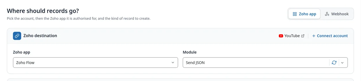 Zoho Flow selected as the Zoho app with the Send JSON module on the Destination step