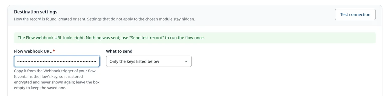 Flow webhook URL entered and Test connection confirming the URL looks right