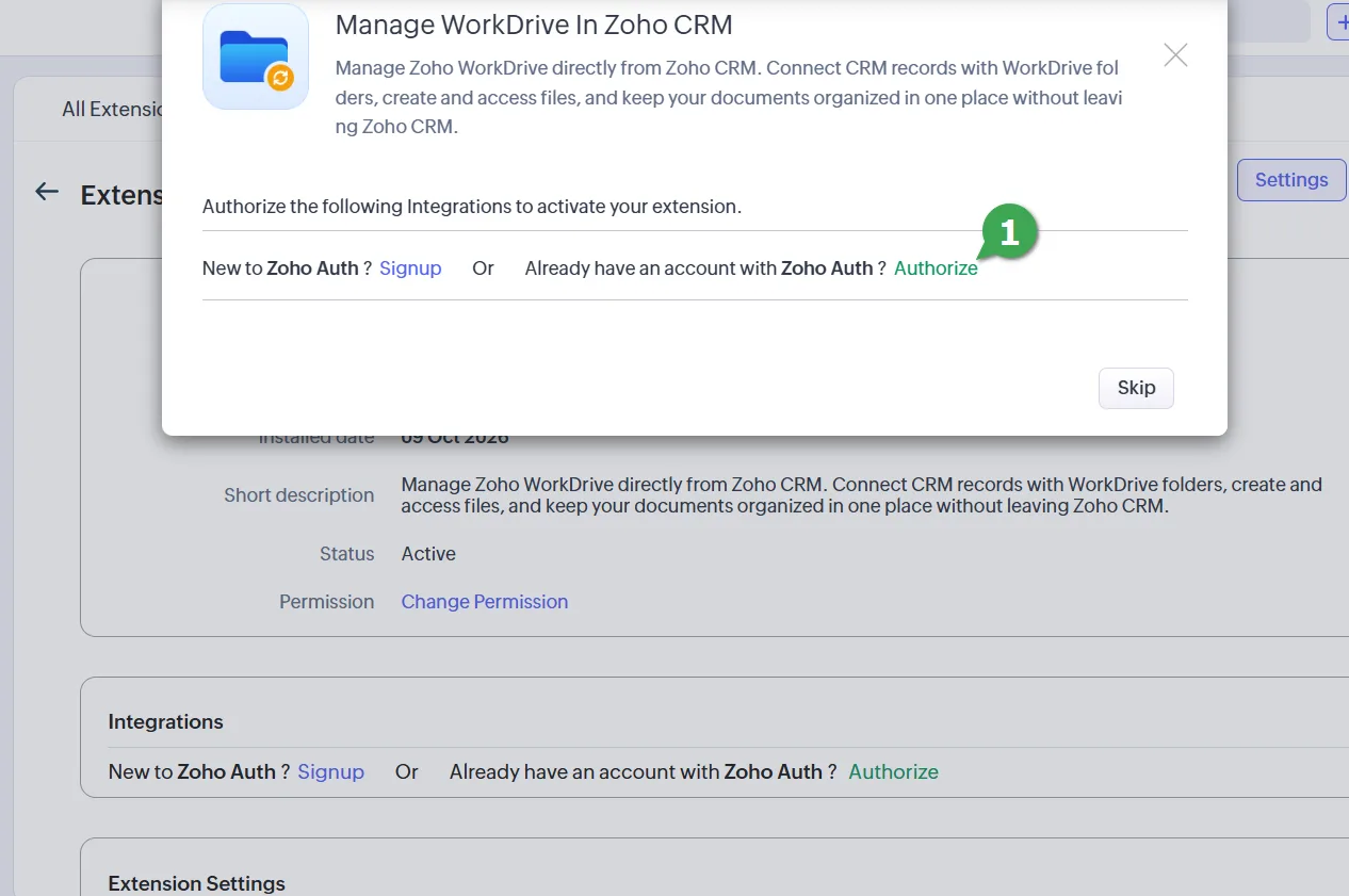 Manage WorkDrive In Zoho CRM 6 Manage WorkDrive In Zoho CRM after install: the Authorize link that connects the extension to Zoho WorkDrive