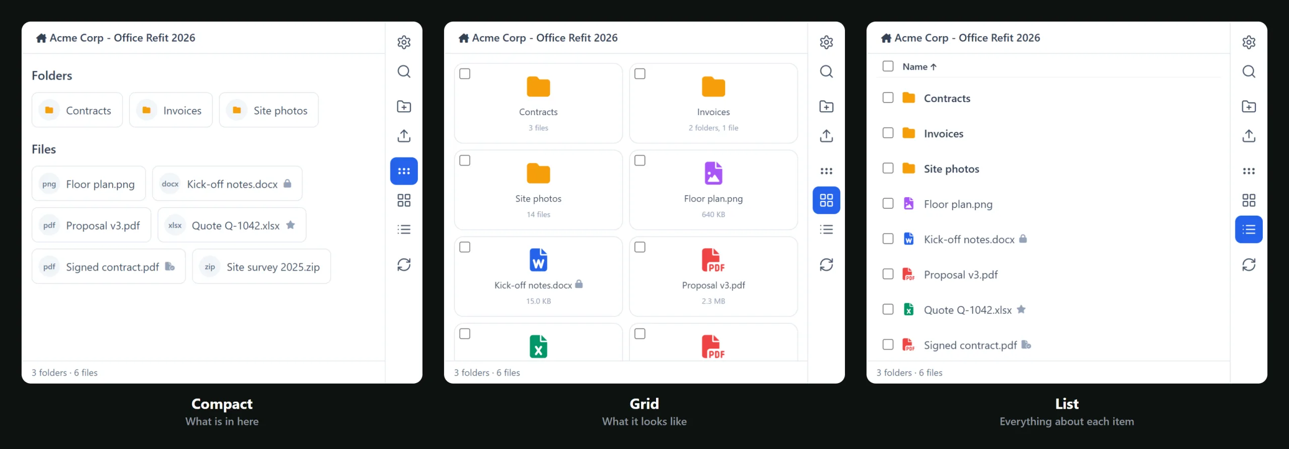 Manage WorkDrive In Zoho CRM 19 The same WorkDrive folder in the Manage WorkDrive In Zoho CRM files panel in compact, grid and list view