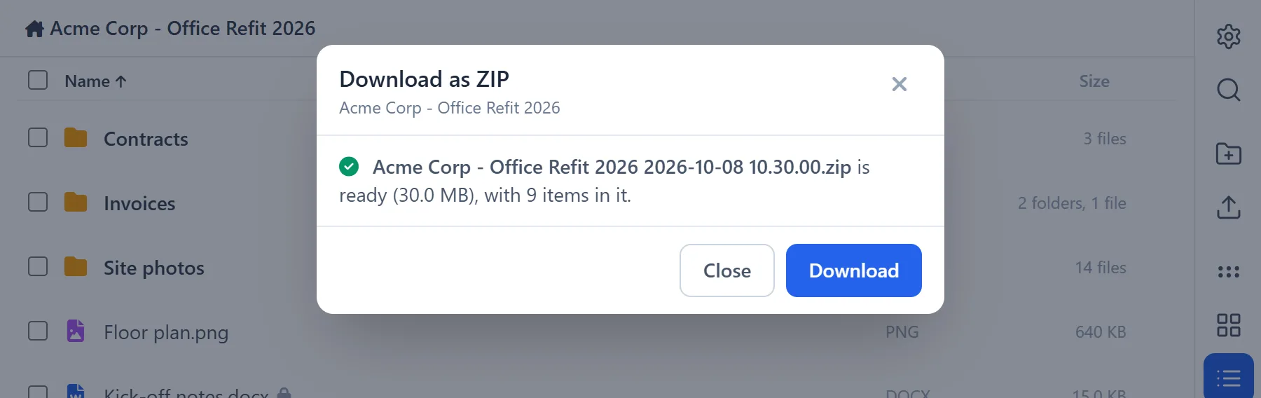 Manage WorkDrive In Zoho CRM 32 Manage WorkDrive In Zoho CRM: a record's WorkDrive folder packed into a ZIP file, ready to download