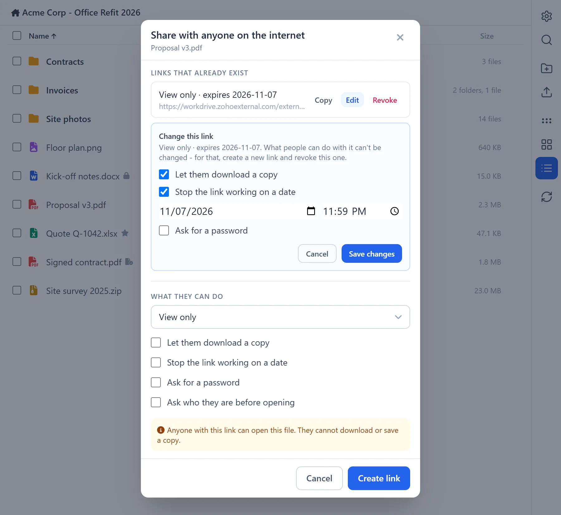 Manage WorkDrive In Zoho CRM 28 Manage WorkDrive In Zoho CRM: changing the download option and expiry date of an existing share link