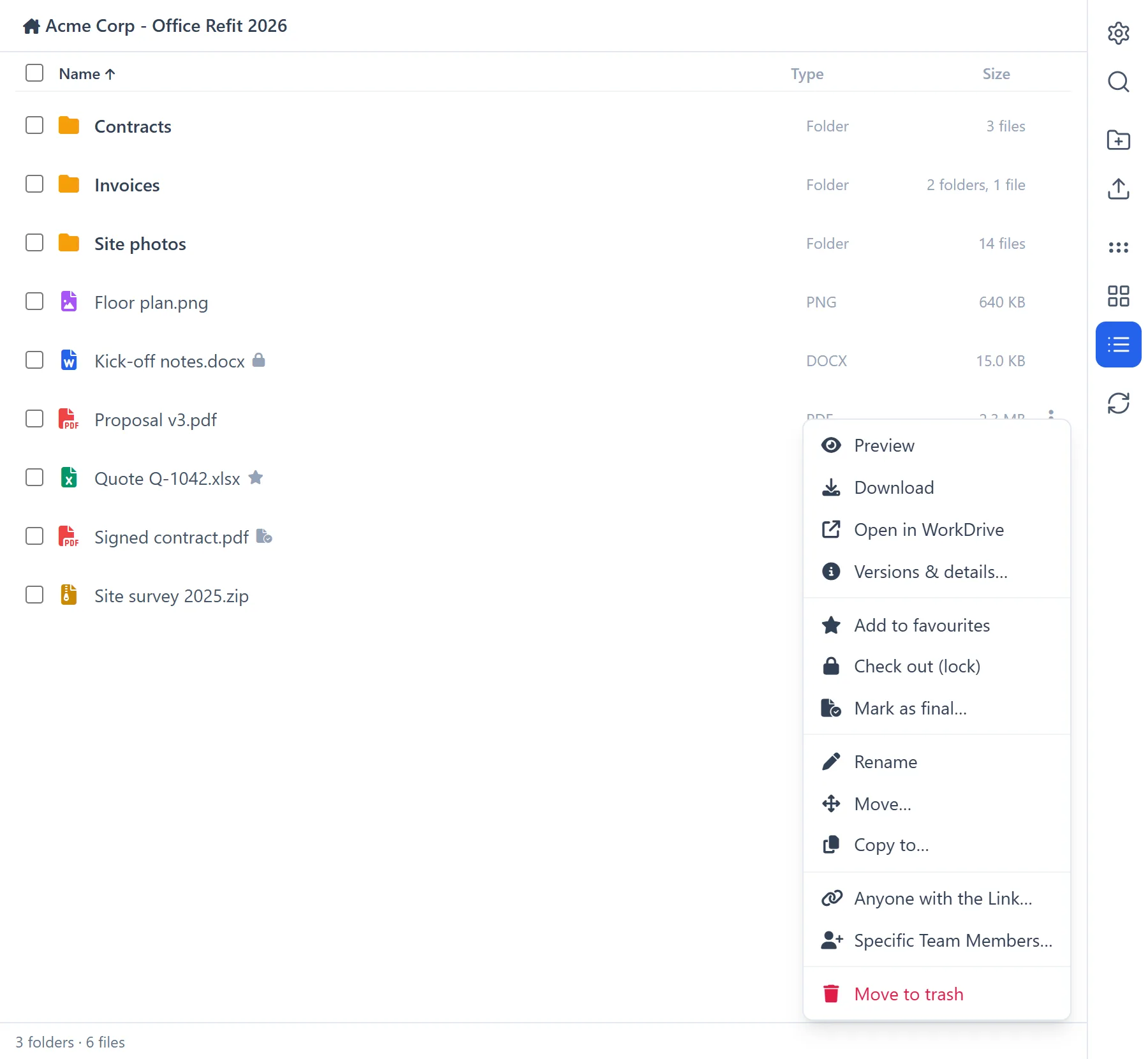 Manage WorkDrive In Zoho CRM 22 Manage WorkDrive In Zoho CRM: the actions menu of a file, with preview, download, versions, share, move and trash
