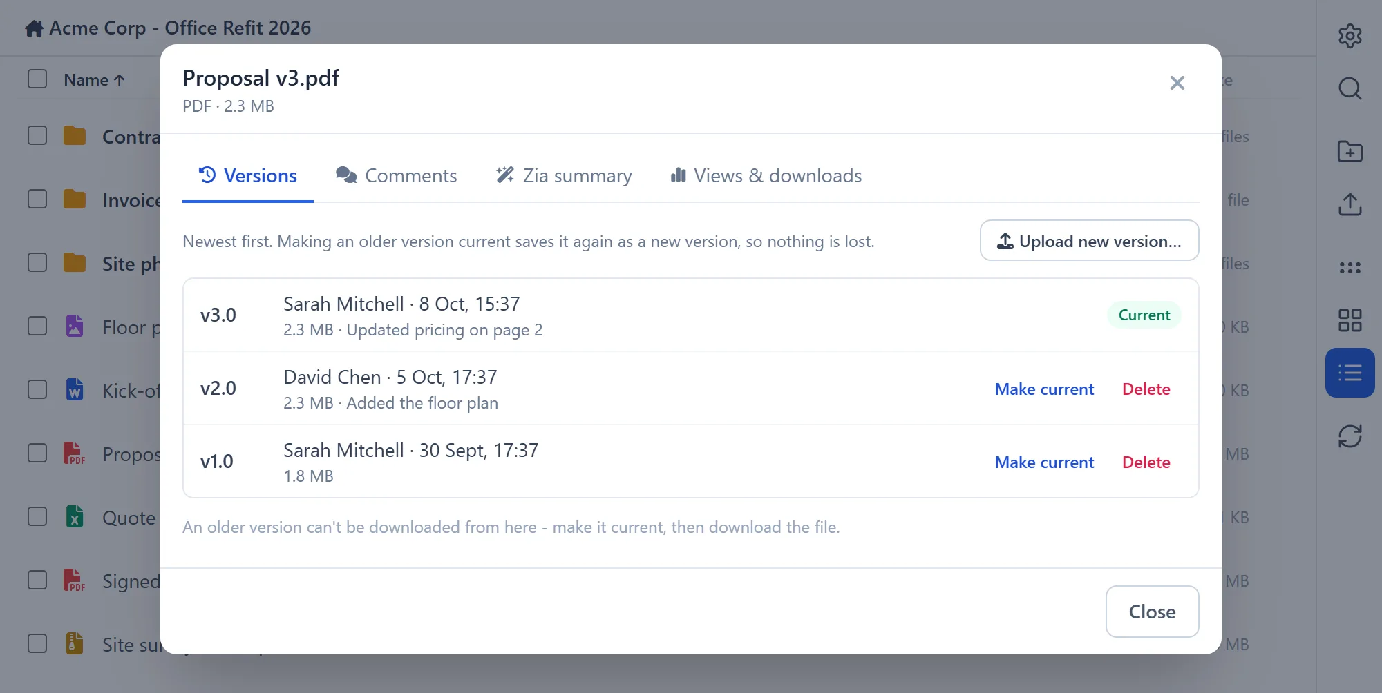 Manage WorkDrive In Zoho CRM 29 Manage WorkDrive In Zoho CRM: the version history of a file, with the current version and options to restore older ones