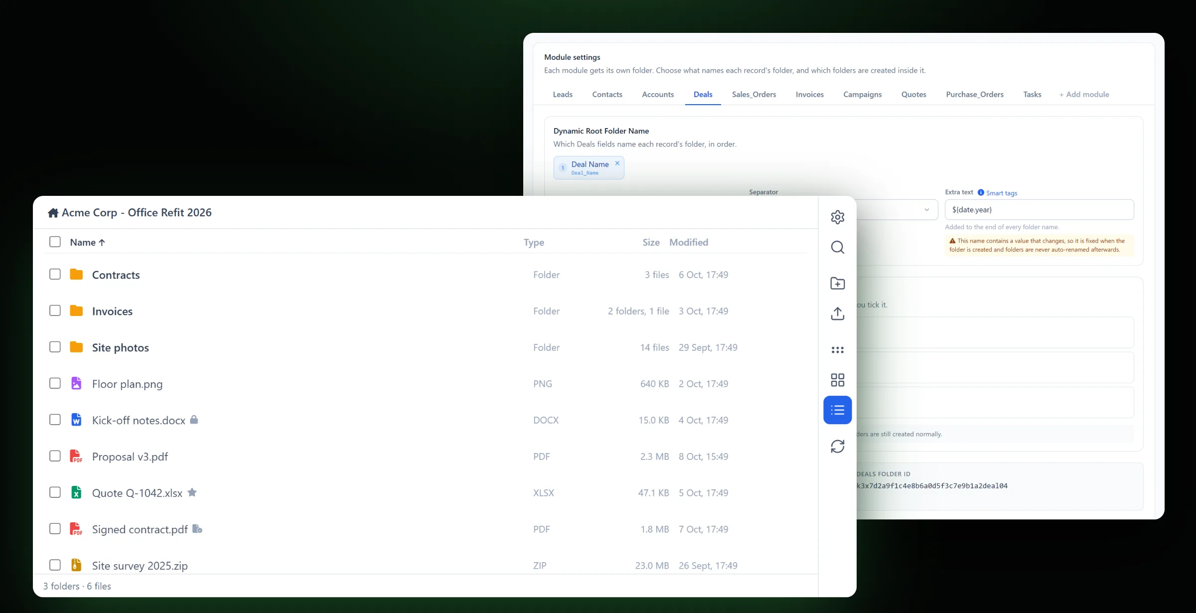 Manage WorkDrive In Zoho CRM 3 Manage WorkDrive In Zoho CRM: the WorkDrive files panel of a Zoho CRM deal, in front of the extension's settings