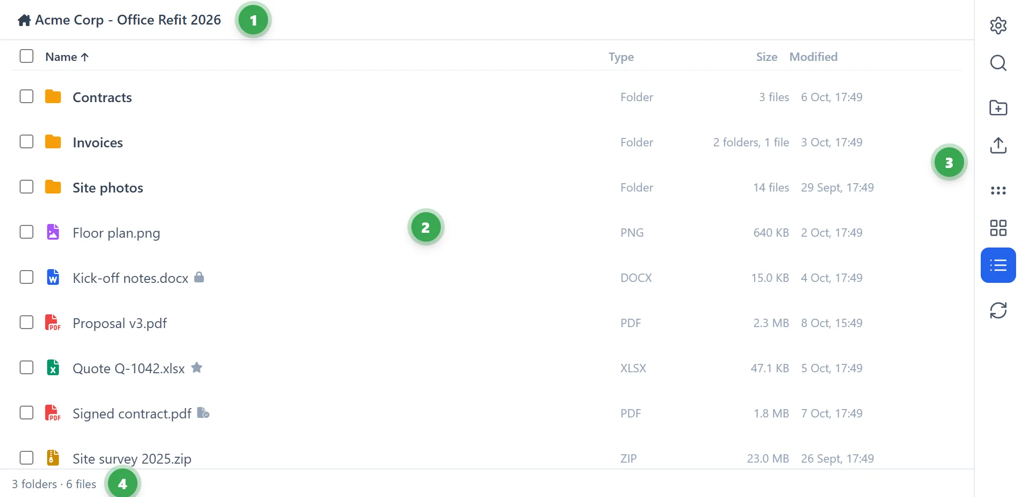Manage WorkDrive In Zoho CRM 18 Manage WorkDrive In Zoho CRM files panel with numbered parts: folder path, file list, control column and item count