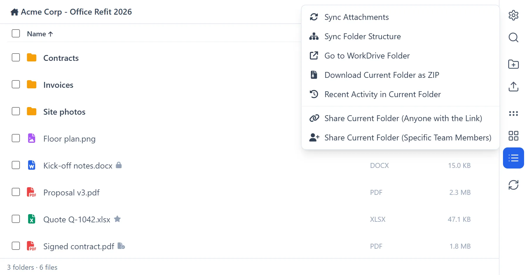 Manage WorkDrive In Zoho CRM 23 Manage WorkDrive In Zoho CRM: the folder menu with sync attachments, download as ZIP, recent activity and sharing