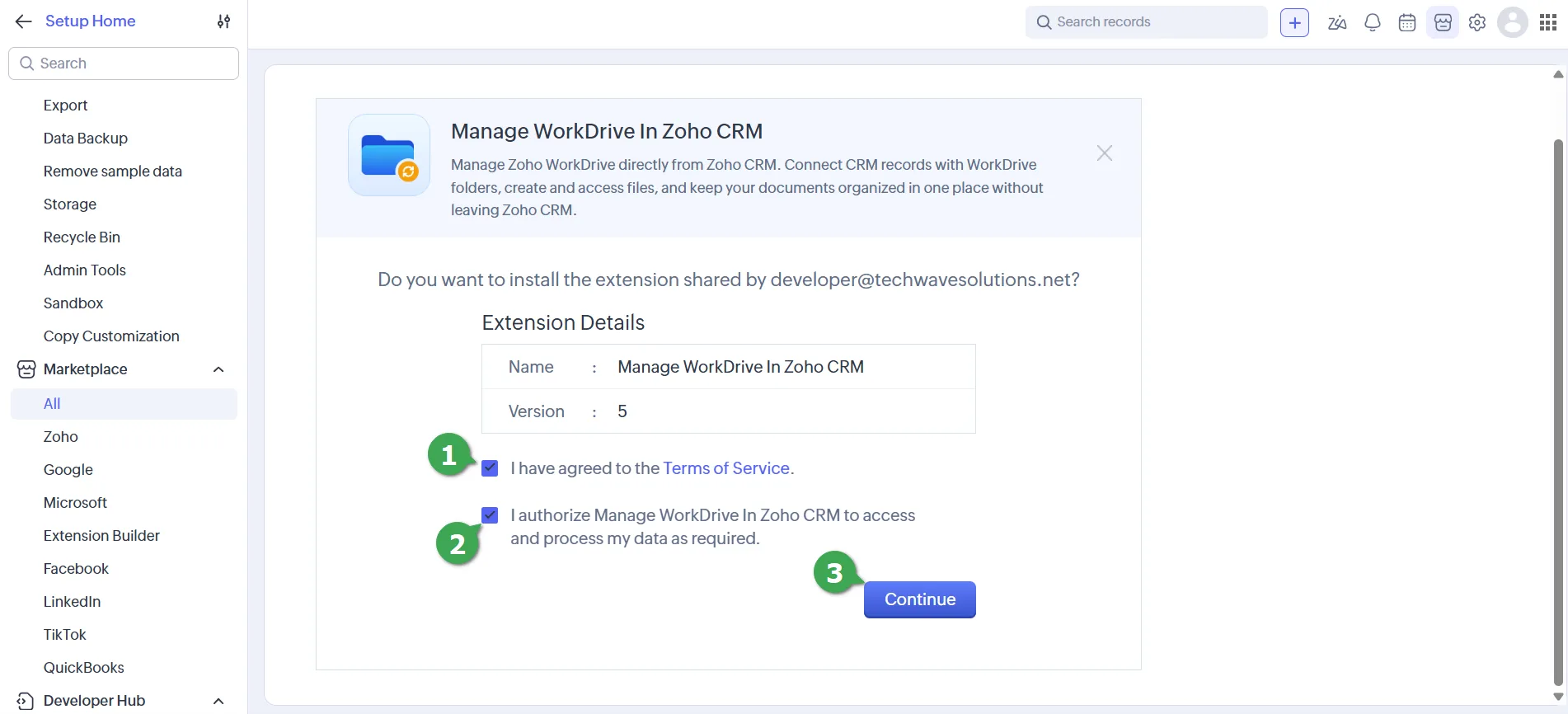 Manage WorkDrive In Zoho CRM 4 Installing Manage WorkDrive In Zoho CRM: agreeing to the terms and data access on the Zoho CRM install page, then Continue