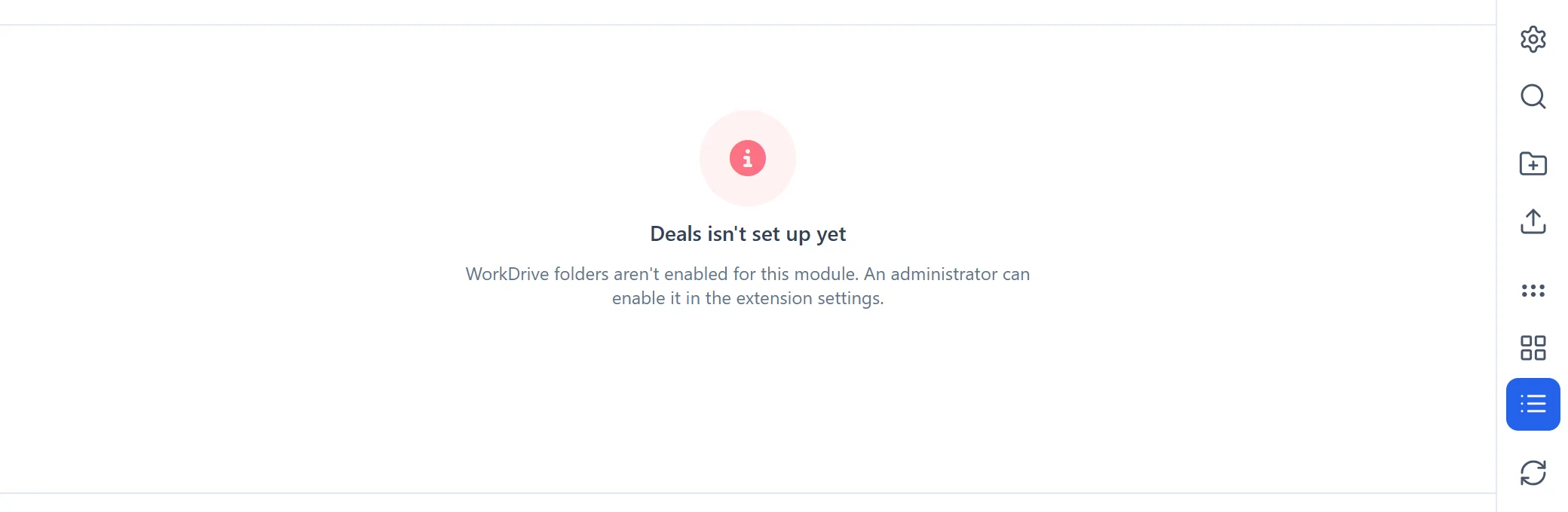 Manage WorkDrive In Zoho CRM 35 Manage WorkDrive In Zoho CRM files panel telling the user that the Deals module isn't set up yet