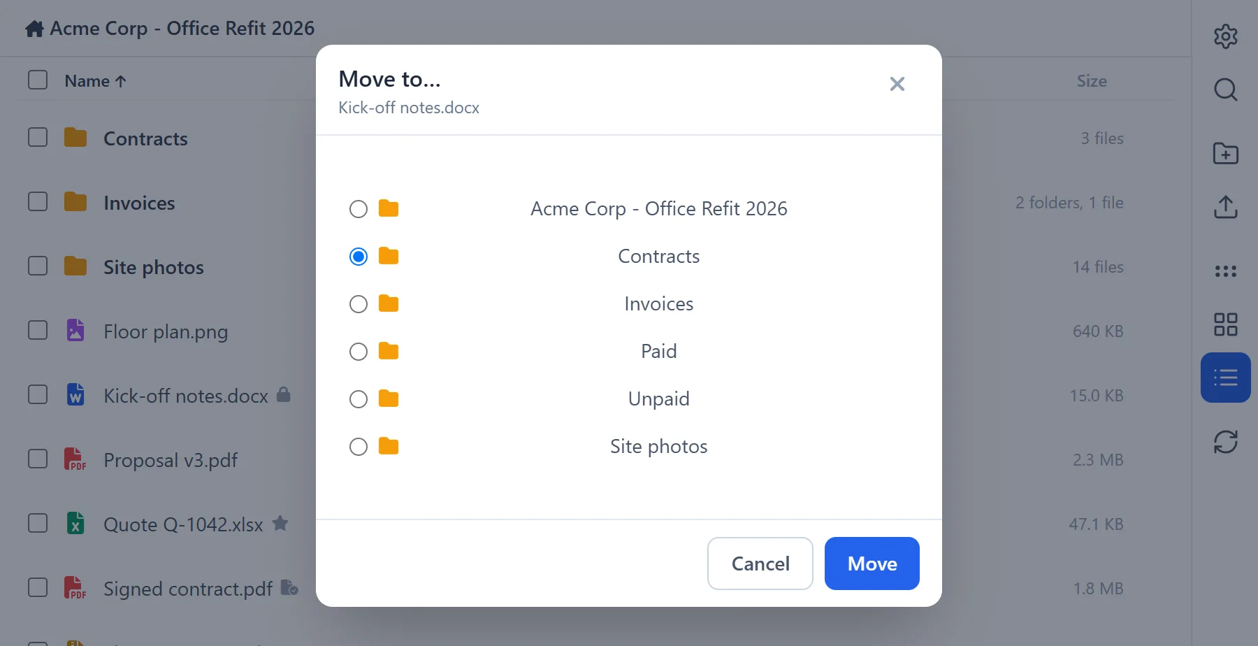 Manage WorkDrive In Zoho CRM 24 Manage WorkDrive In Zoho CRM: choosing the folder to move a file to