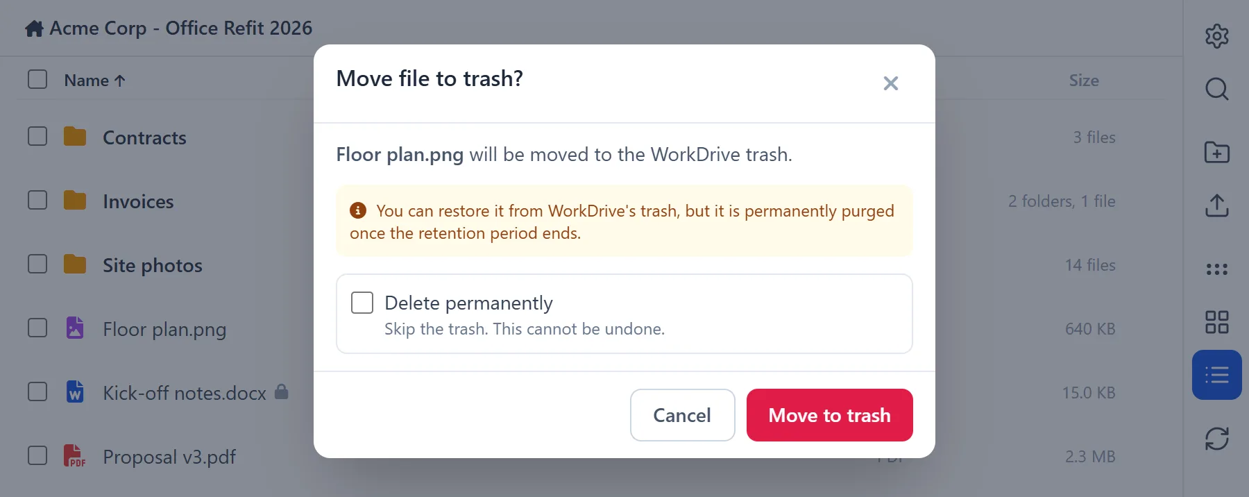 Manage WorkDrive In Zoho CRM 25 Manage WorkDrive In Zoho CRM: confirming that a file goes to the WorkDrive trash, with the option to delete it permanently