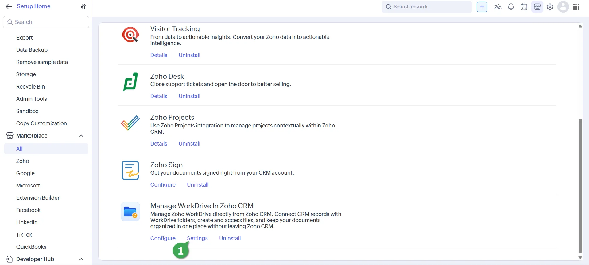 Manage WorkDrive In Zoho CRM 7 Zoho CRM Setup, Marketplace, installed extensions: the Settings link of Manage WorkDrive In Zoho CRM