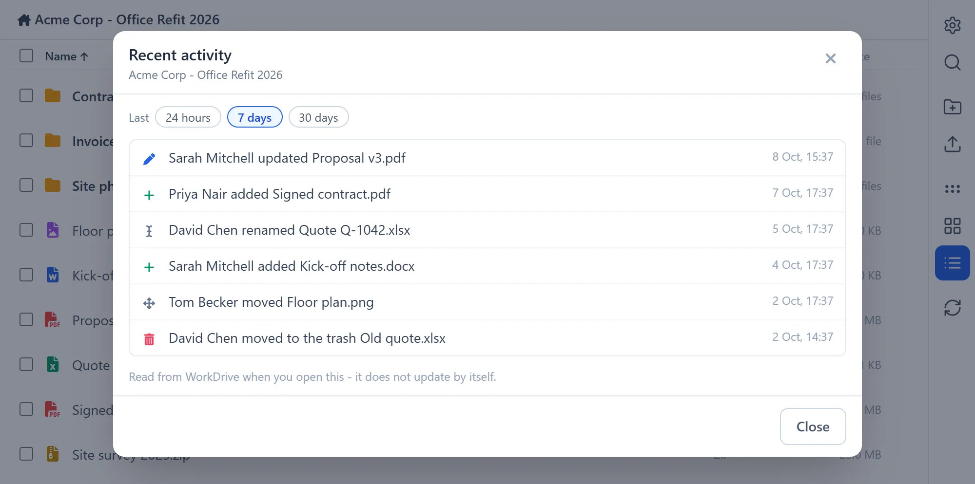 Manage WorkDrive In Zoho CRM 33 Manage WorkDrive In Zoho CRM: recent activity in a WorkDrive folder over the last 7 days
