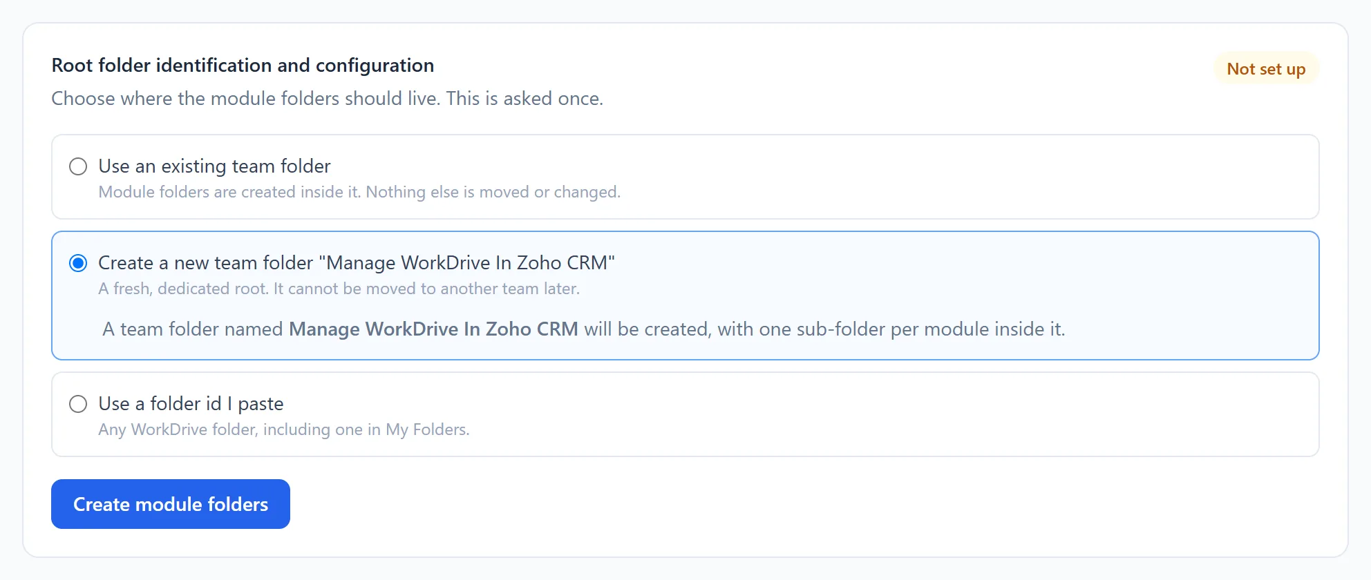 Manage WorkDrive In Zoho CRM 8 Manage WorkDrive In Zoho CRM settings: choosing the WorkDrive team folder where record folders are created