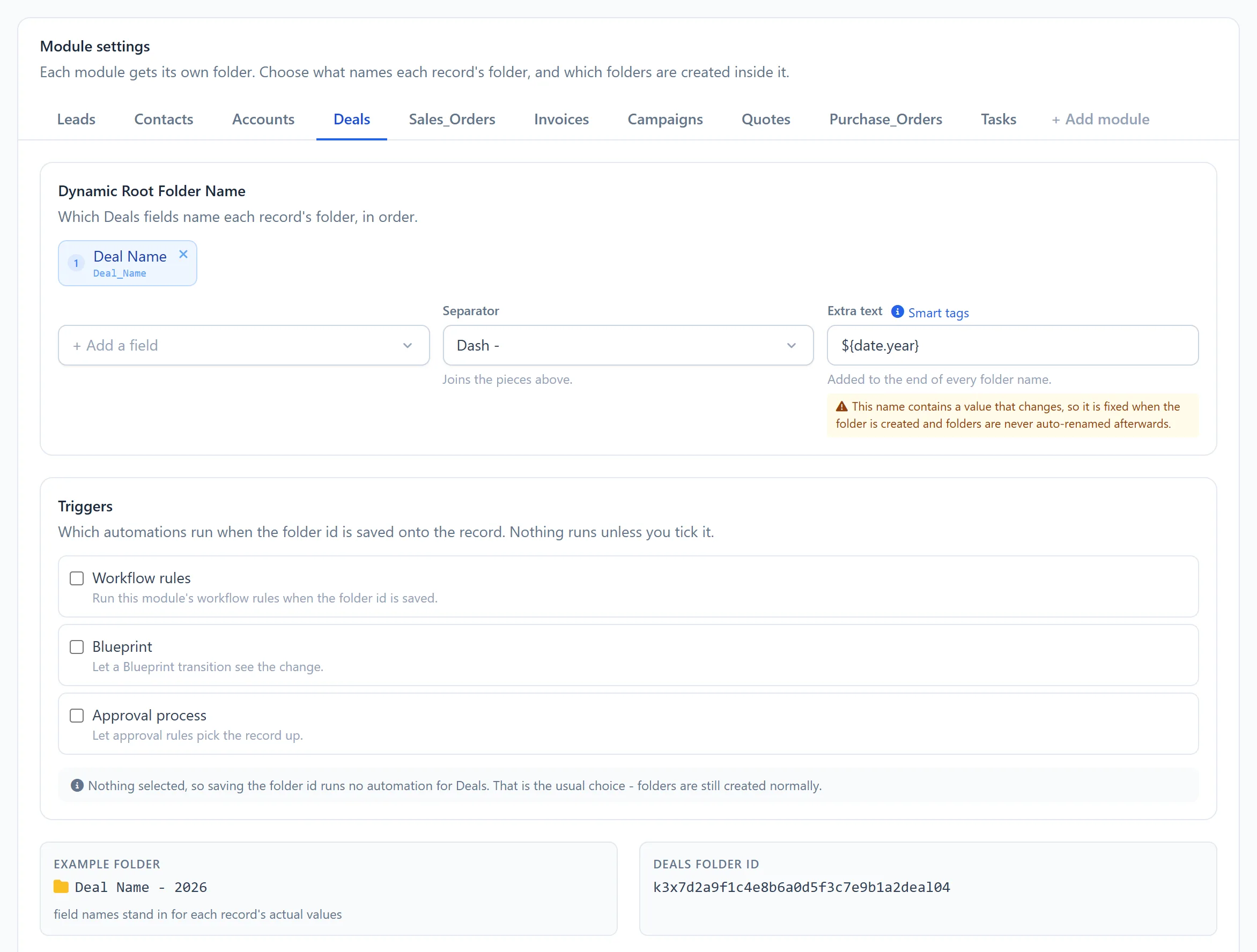 Manage WorkDrive In Zoho CRM 11 Manage WorkDrive In Zoho CRM settings: naming each Deal's WorkDrive folder from the Deal Name field, a separator and the year