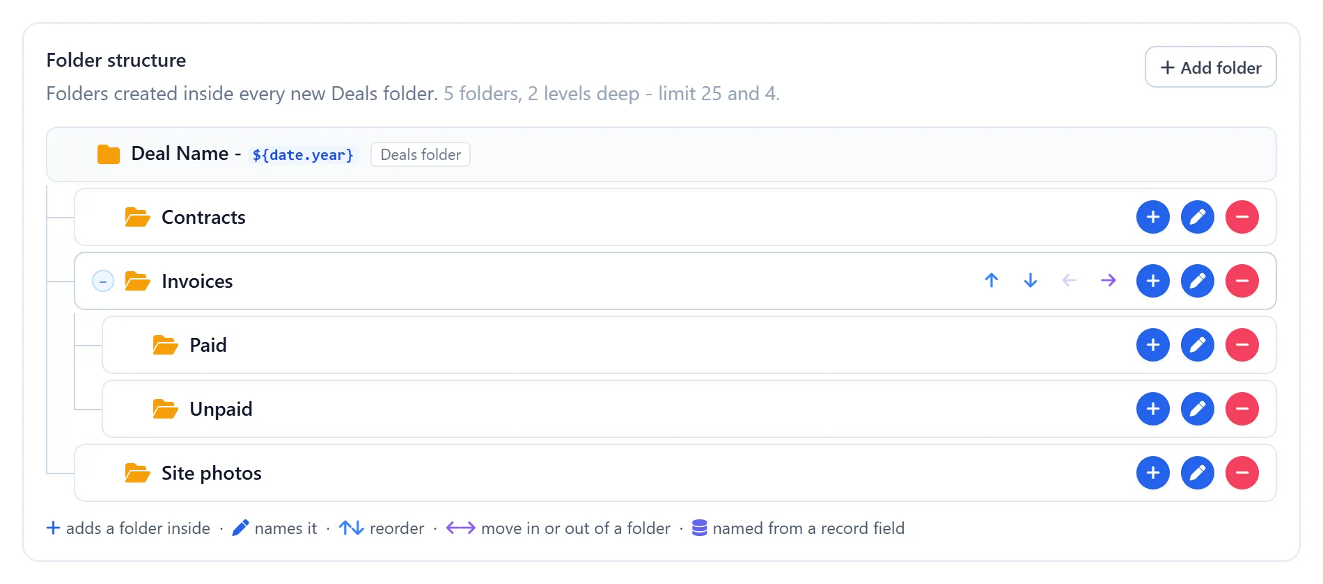 Manage WorkDrive In Zoho CRM 13 Manage WorkDrive In Zoho CRM settings: the subfolders created inside every new Deal folder, including nested folders