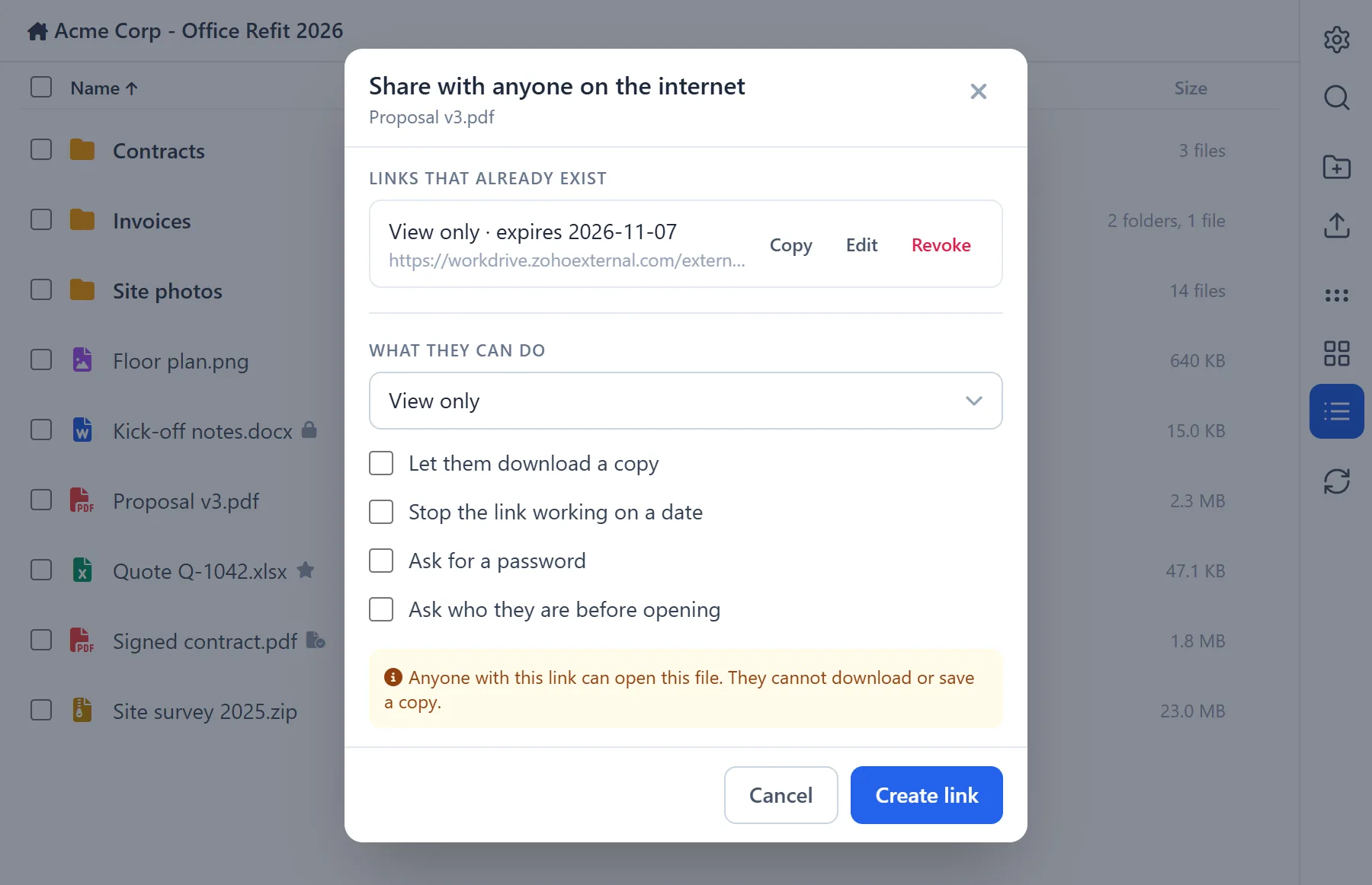Manage WorkDrive In Zoho CRM 27 Manage WorkDrive In Zoho CRM: creating a share link for a file, with download, expiry date and password options