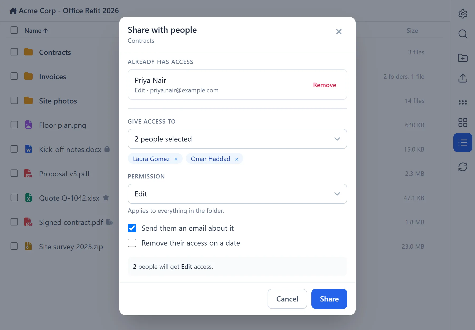 Manage WorkDrive In Zoho CRM 26 Manage WorkDrive In Zoho CRM: sharing a WorkDrive folder with two team members with Edit permission