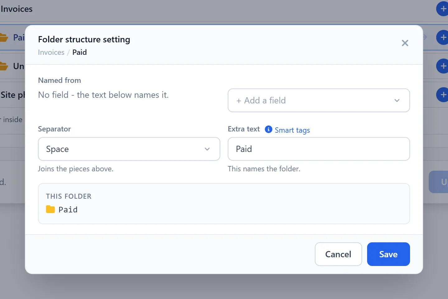 Manage WorkDrive In Zoho CRM 14 Manage WorkDrive In Zoho CRM: the window for naming a subfolder, with a preview of the folder name