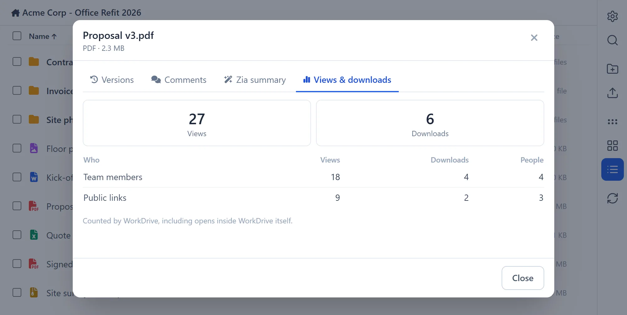 Manage WorkDrive In Zoho CRM 31 Manage WorkDrive In Zoho CRM: how often a file was viewed and downloaded, by team members and through public links
