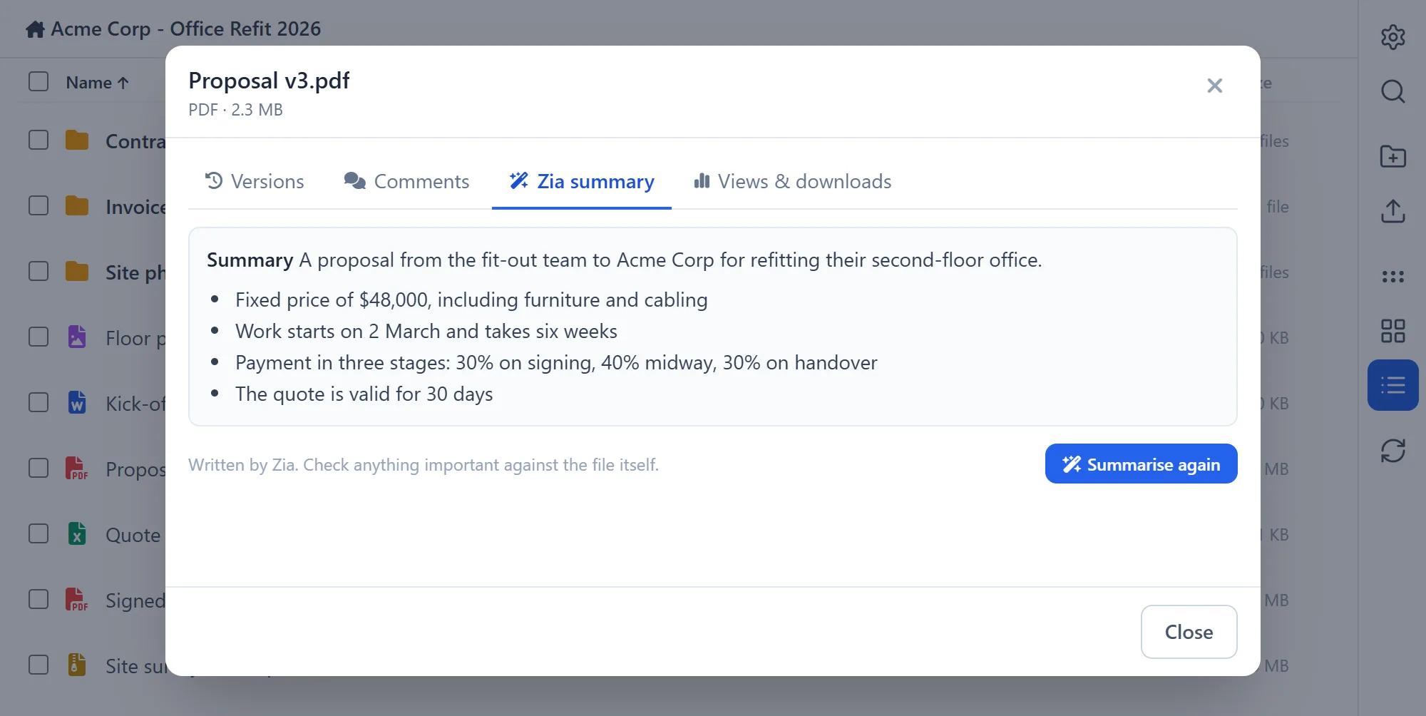 Manage WorkDrive In Zoho CRM 30 Manage WorkDrive In Zoho CRM: a Zia summary of a PDF proposal