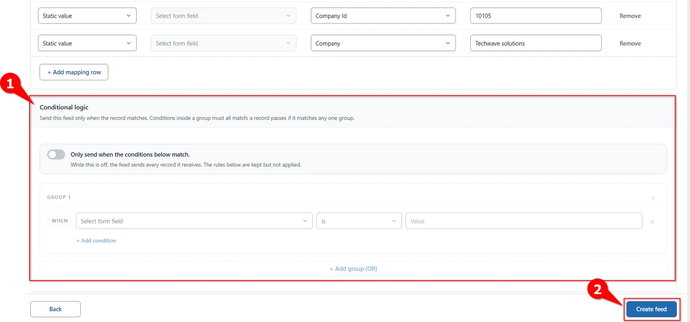 Conditional logic panel and Create feed button at the end of a Zoho Analytics feed