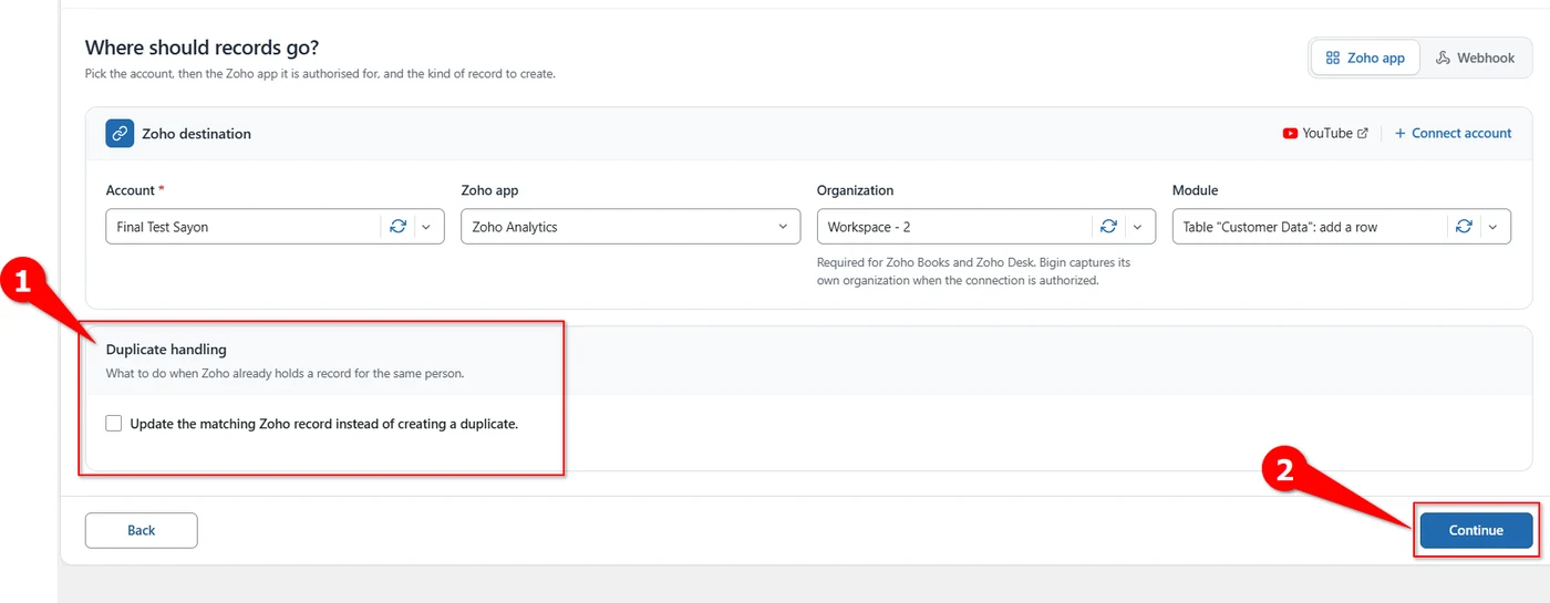 Duplicate handling option and Continue button on the Destination step for Zoho Analytics