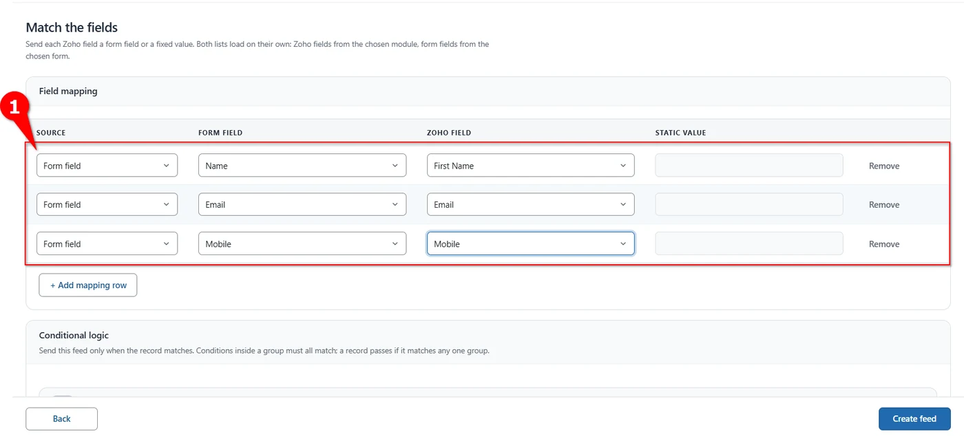 WordPress form fields mapped to Zoho Analytics table columns in FormBridge
