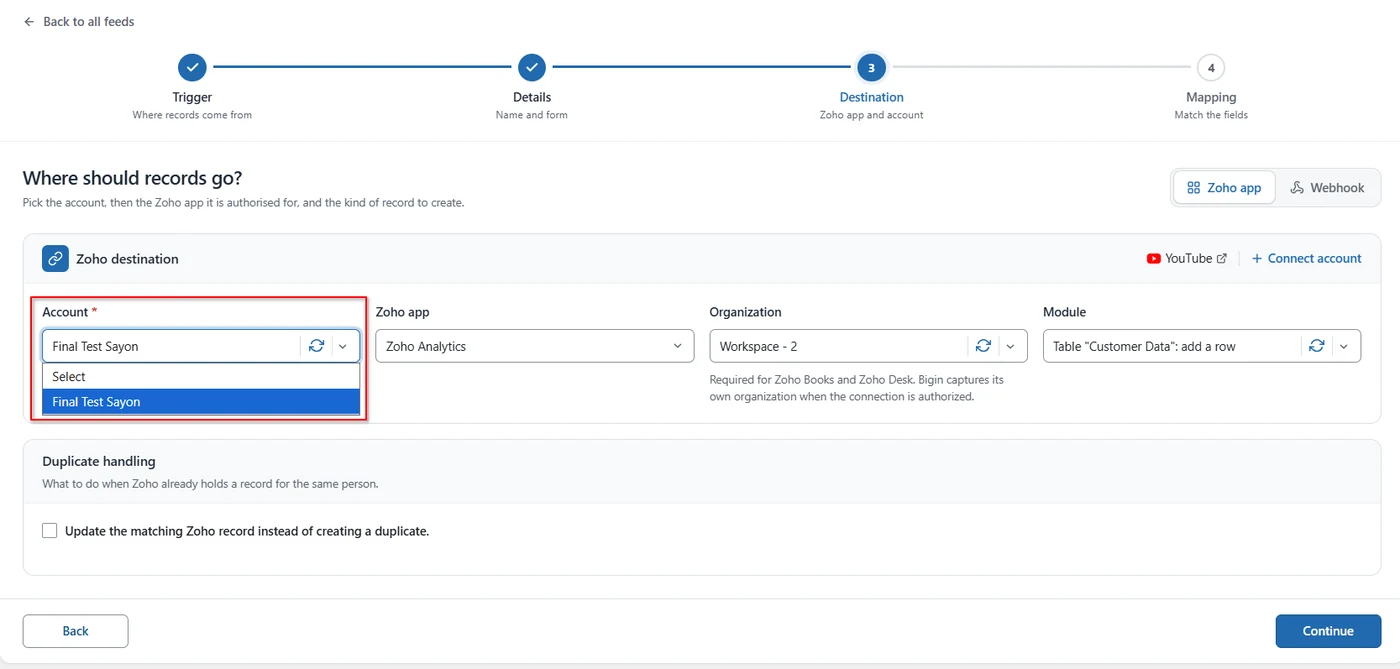 Account dropdown on the Destination step in FormBridge for Zoho