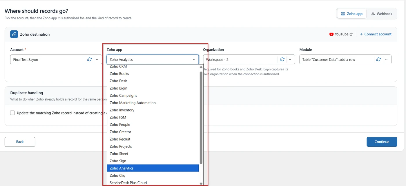 Zoho app dropdown with Zoho Analytics selected in FormBridge for Zoho