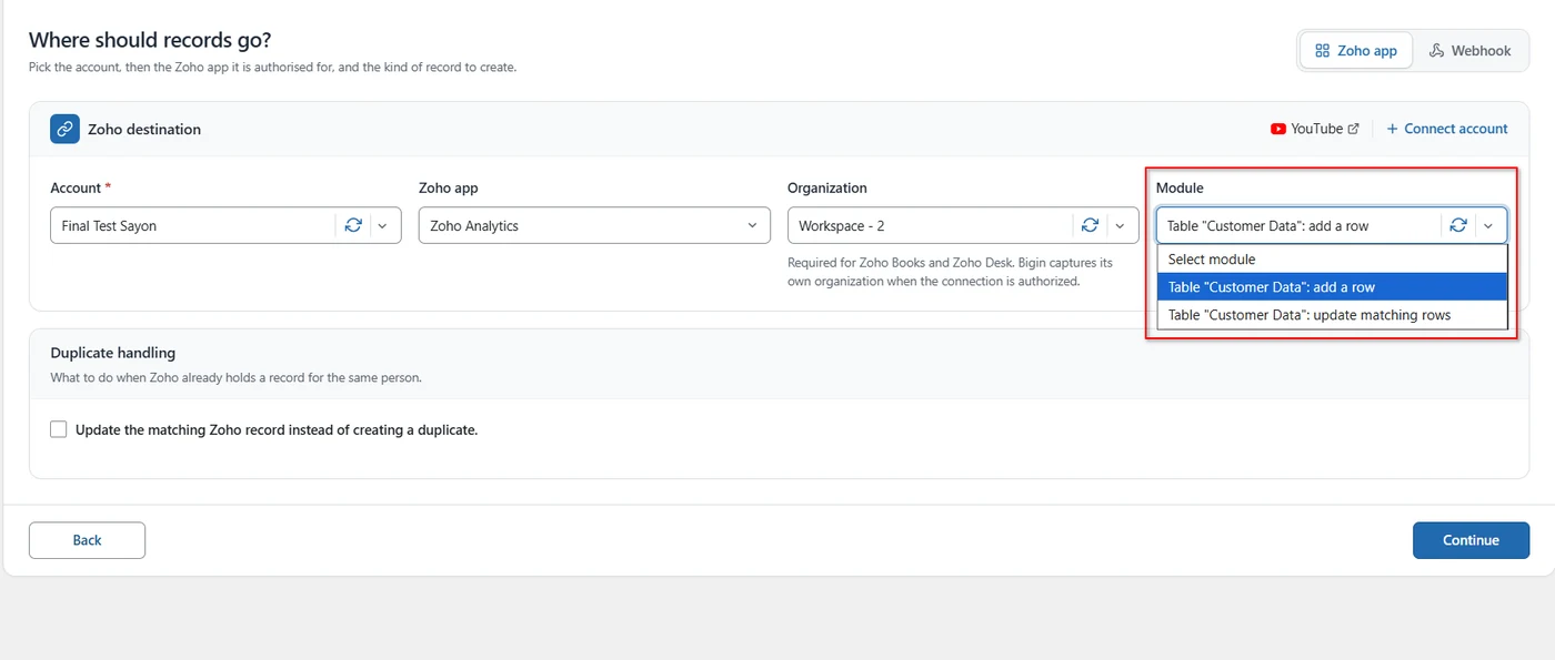 Module dropdown listing a Zoho Analytics table with add a row and update matching rows