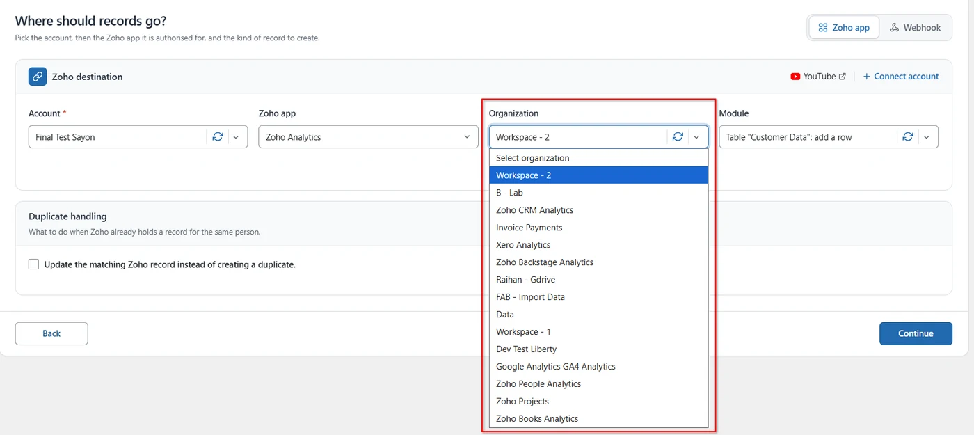 Organization dropdown listing Zoho Analytics workspaces in FormBridge for Zoho