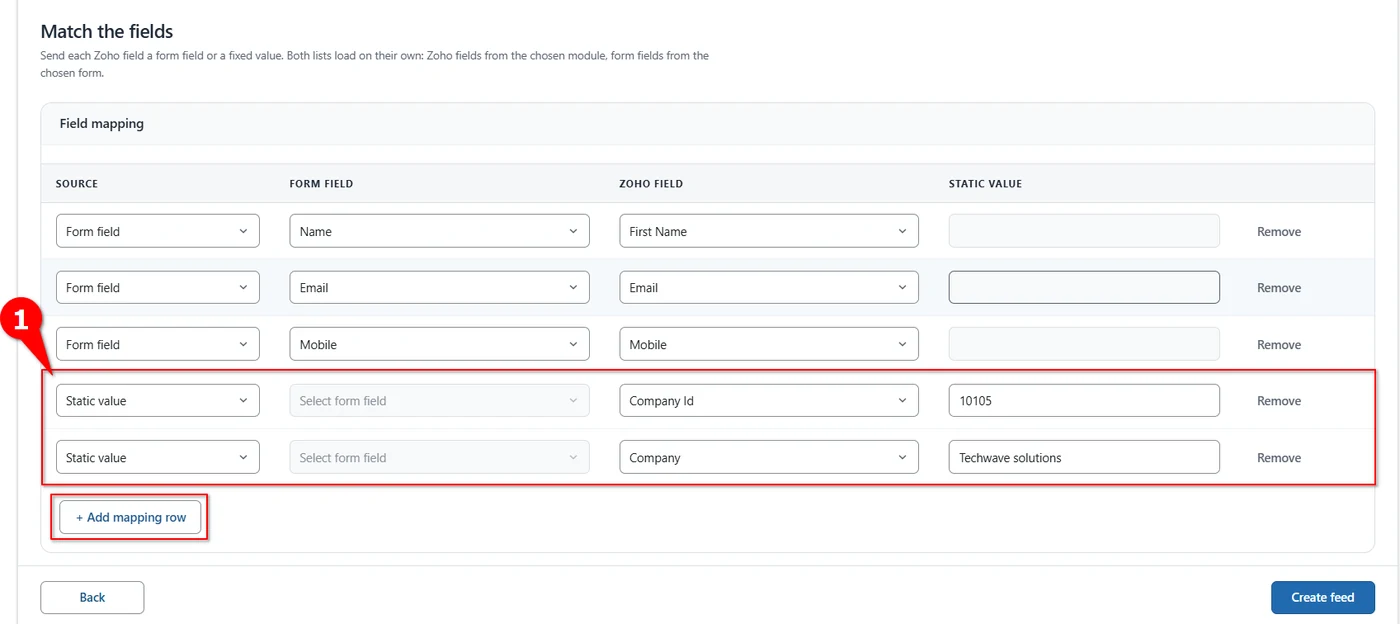 Static value mapping rows sending a fixed company name to a Zoho Analytics table