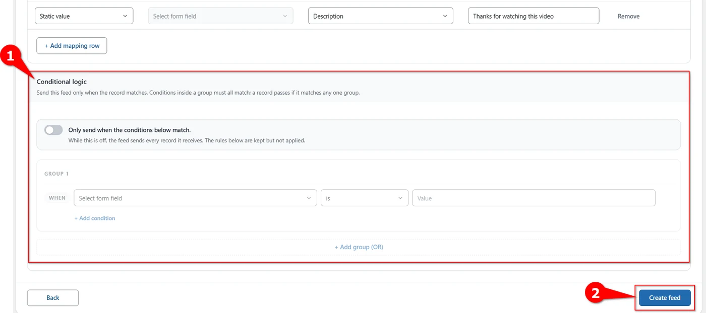 Conditional logic panel and Create feed button at the end of a Zoho Cliq feed